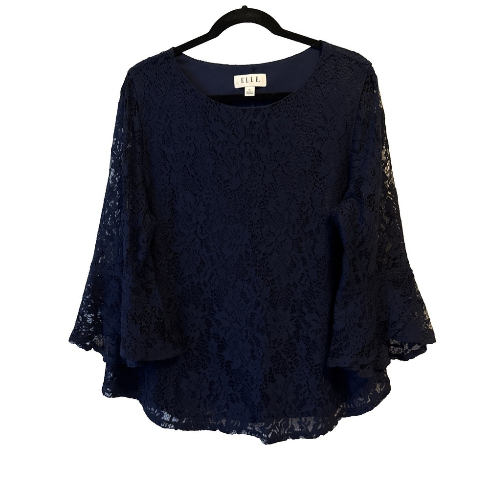 Elle Sheer Lined Lace 3/4‎ Bell Sleeve Blouse Navy Blue XL Boho Chic Whimsigoth